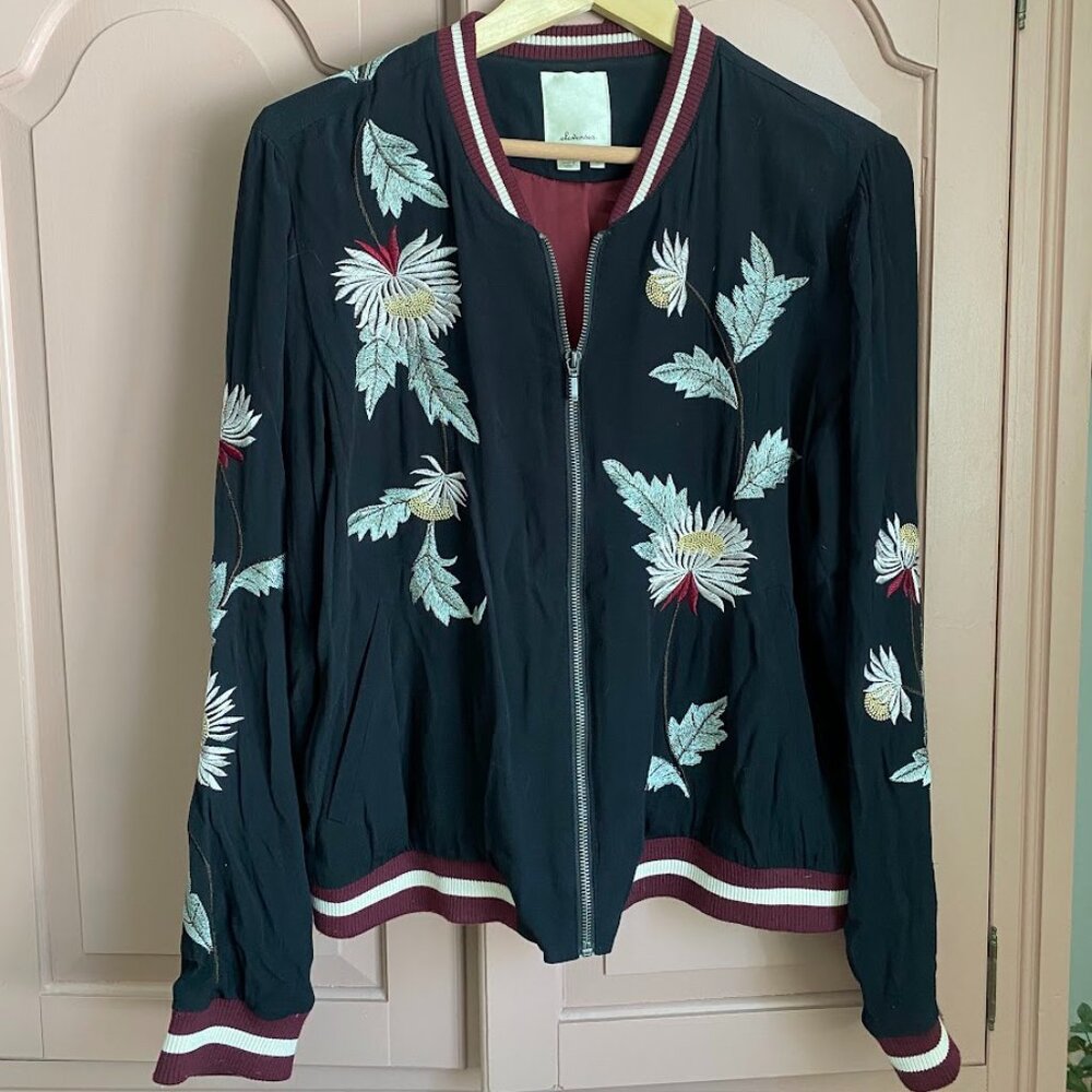 Anthropologie Elevenses Solstice Black Embroidered Floral Zip Front Jacket